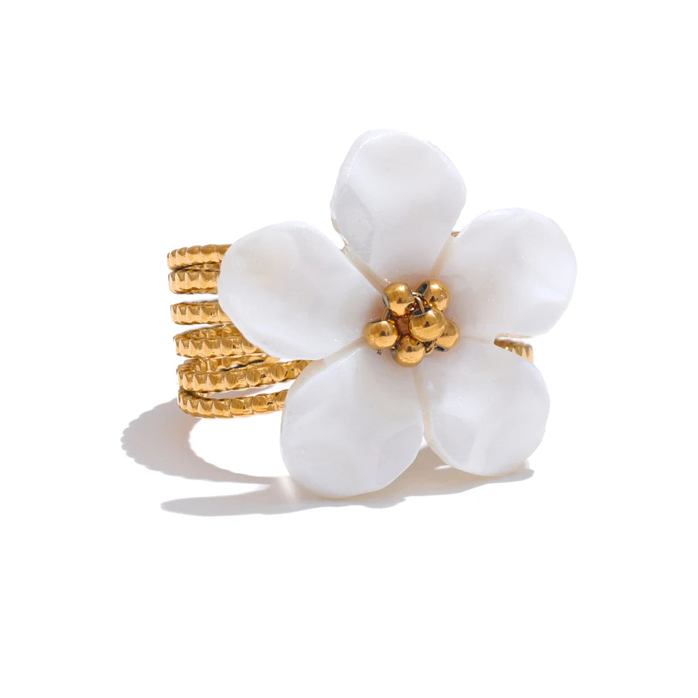 Yhpup Thicker Natural Shell Flower Open Gold Color Ring - Fashion Stainless Steel Waterproof Jewelry