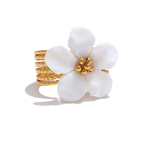 Yhpup Thicker Natural Shell Flower Open Gold Color Ring - Fashion Stainless Steel Waterproof Jewelry