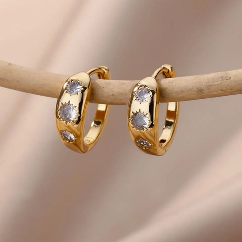 Fashion Zircon Circle Drop Earrings for Women - Gold Stainless Steel Dangle Jewelry Gift