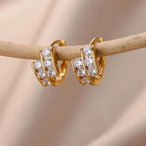 Fashion Zircon Circle Drop Earrings for Women - Gold Stainless Steel Dangle Jewelry Gift