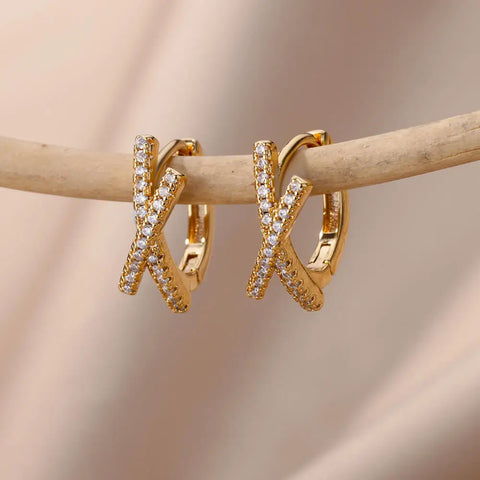 Fashion Zircon Circle Drop Earrings for Women - Gold Stainless Steel Dangle Jewelry Gift