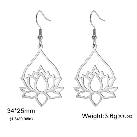 Skyrim Lotus Flower Rhinestone Dangle Earrings - Gold Stainless Steel Bohemian Jewelry for Women
