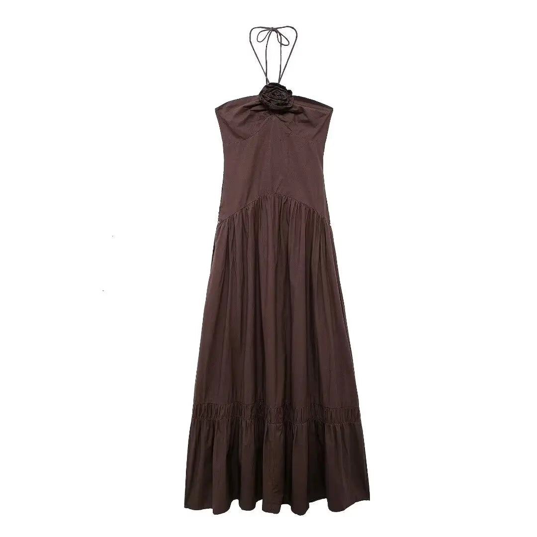 TRAFZA Elegant Sexy Brown Flower Halter Women Dress
