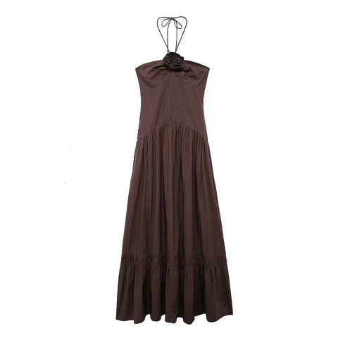 TRAFZA Elegant Sexy Brown Flower Halter Women Dress