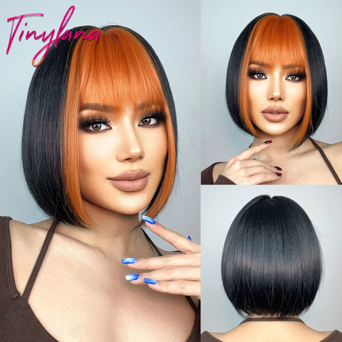 Medium Straight Synthetic Bob Wig Dark Black Brown Short Wigs With Bangs for Women Cosplay Daily Layered Hair Heat Resistant