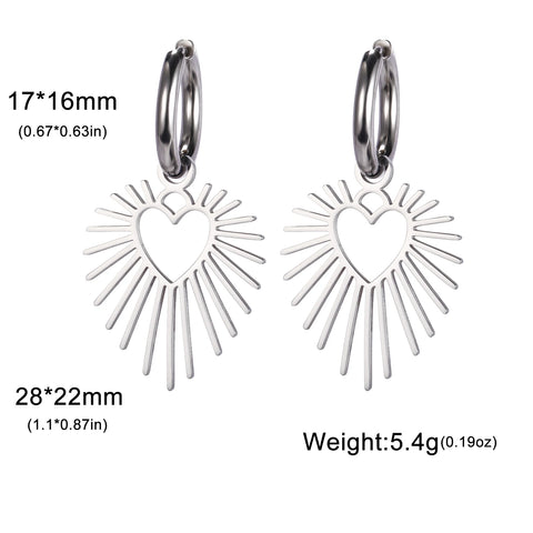 Skyrim Geometric Heart Sun Pendant Drop Earrings - Stainless Steel Hoop Earrings for Women