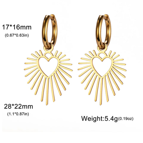 Skyrim Geometric Heart Sun Pendant Drop Earrings - Stainless Steel Hoop Earrings for Women