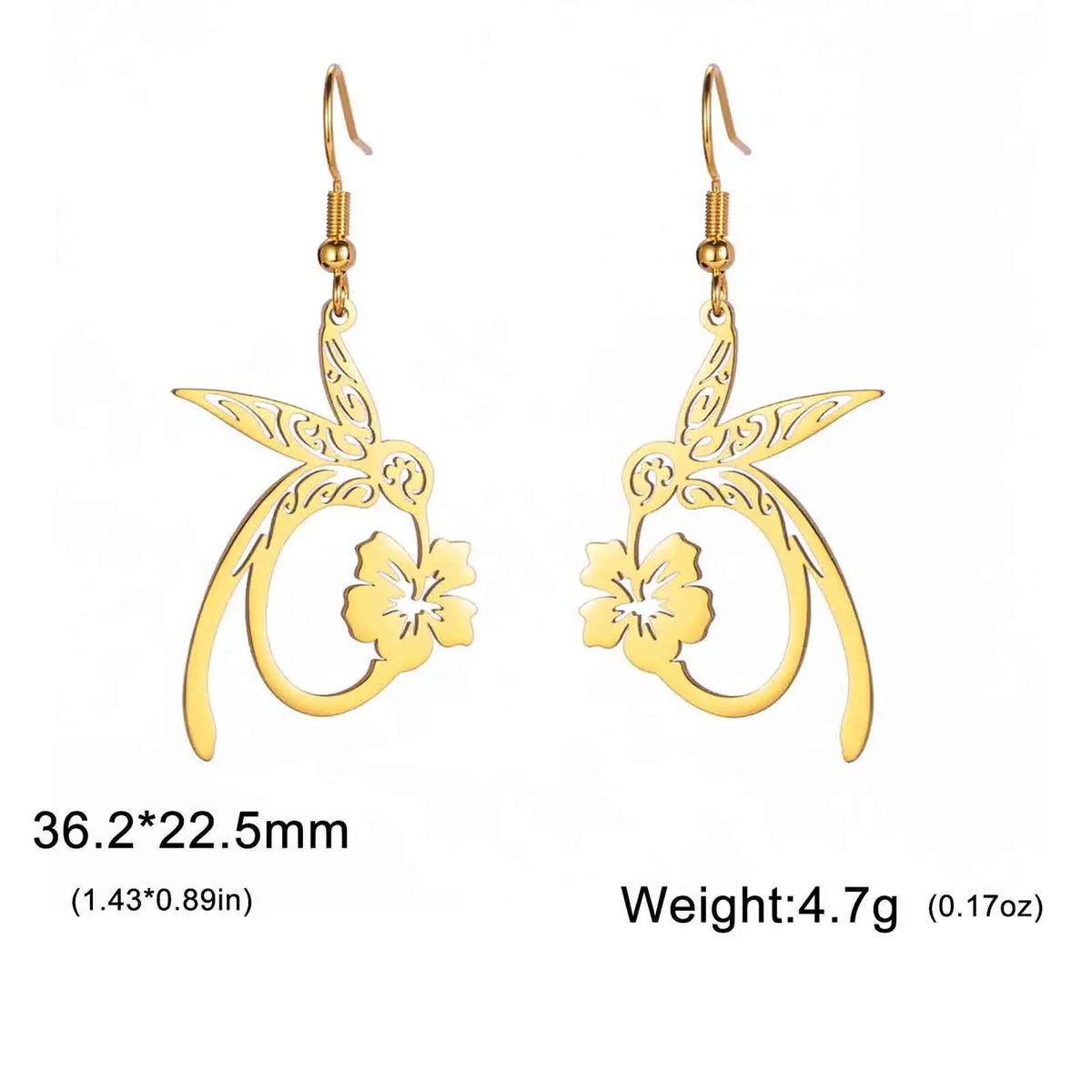 Skyrim Hummingbird Flower Pendant Drop Earrings – Stainless Steel Gold Color Women's Earrings