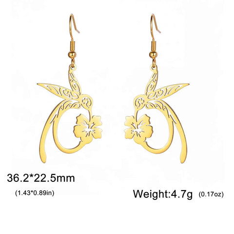 Skyrim Hummingbird Flower Pendant Drop Earrings – Stainless Steel Gold Color Women's Earrings