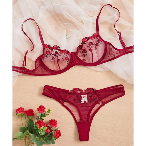 Elegant New Wine See-Through Lingerie Two-Piece Set with Thong and Push-Up Bra