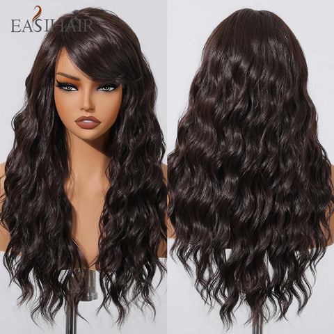 EASIHAIR Long Wavy Brown Synthetic Wig for Women with Side Bangs - Natural Look, Heat Resistant for Daily Wear