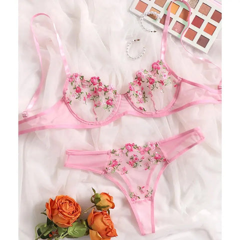 Elegant New Wine See-Through Lingerie Two-Piece Set with Thong and Push-Up Bra