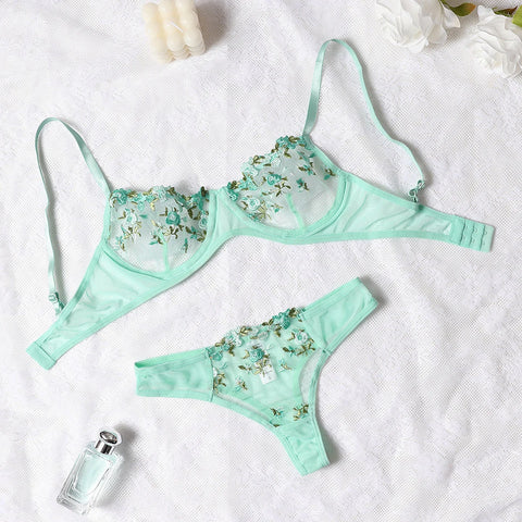 Elegant New Wine See-Through Lingerie Two-Piece Set with Thong and Push-Up Bra