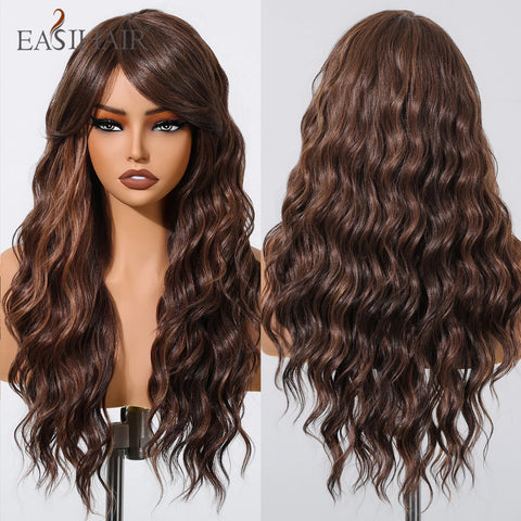 EASIHAIR Long Wavy Brown Synthetic Wig for Women with Side Bangs - Natural Look, Heat Resistant for Daily Wear