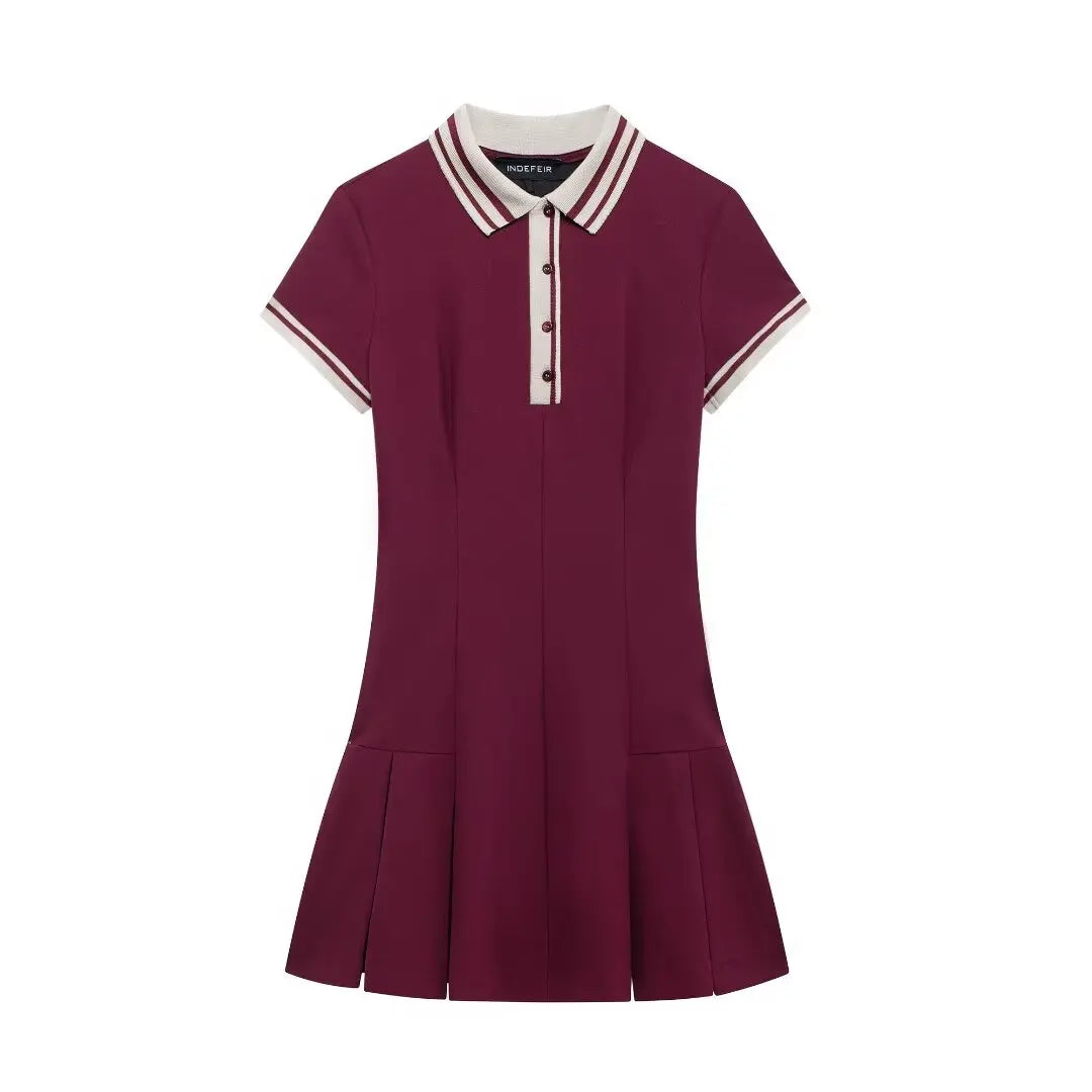 TRAFZA-Women Fashion 2025 Spring Summer Burgundy Dress Contrasting Ribbed Lapel Buttons Dress Classic Campus Angola Red Dress