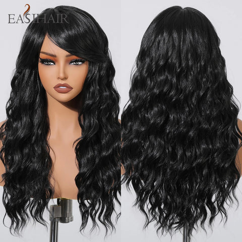 EASIHAIR Long Wavy Brown Synthetic Wig for Women with Side Bangs - Natural Look, Heat Resistant for Daily Wear