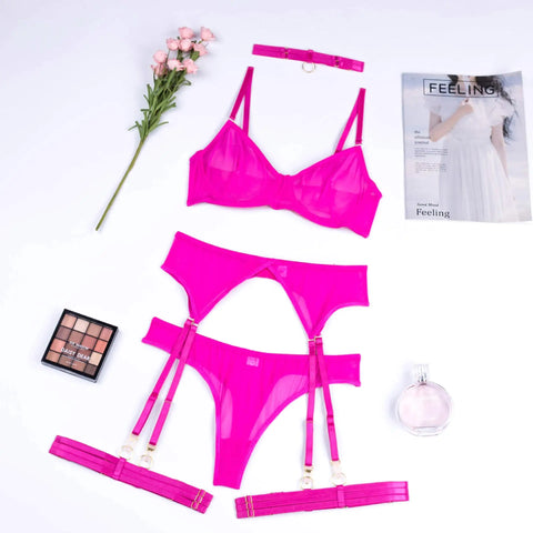 4-Piece Lace Bra Set Women Mesh Panty Underwear Set - 8 Colors Transparent Sexy Lingerie Set