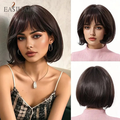 EASIHAIR Ombre Brown Blonde Wigs with Bangs - Layered Heat Resistant Synthetic Wig for Women