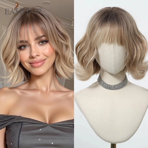 EASIHAIR Dark Brown Wavy Bob Wig with Bangs - Synthetic Heat Resistant Medium Length Wig for Women