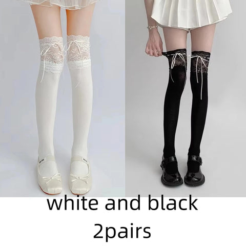 Cute White Lace Tied Ribbon Velvet Over Knee Socks for Women