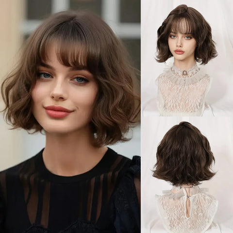 EASIHAIR Dark Brown Wavy Bob Wig with Bangs - Synthetic Heat Resistant Medium Length Wig for Women