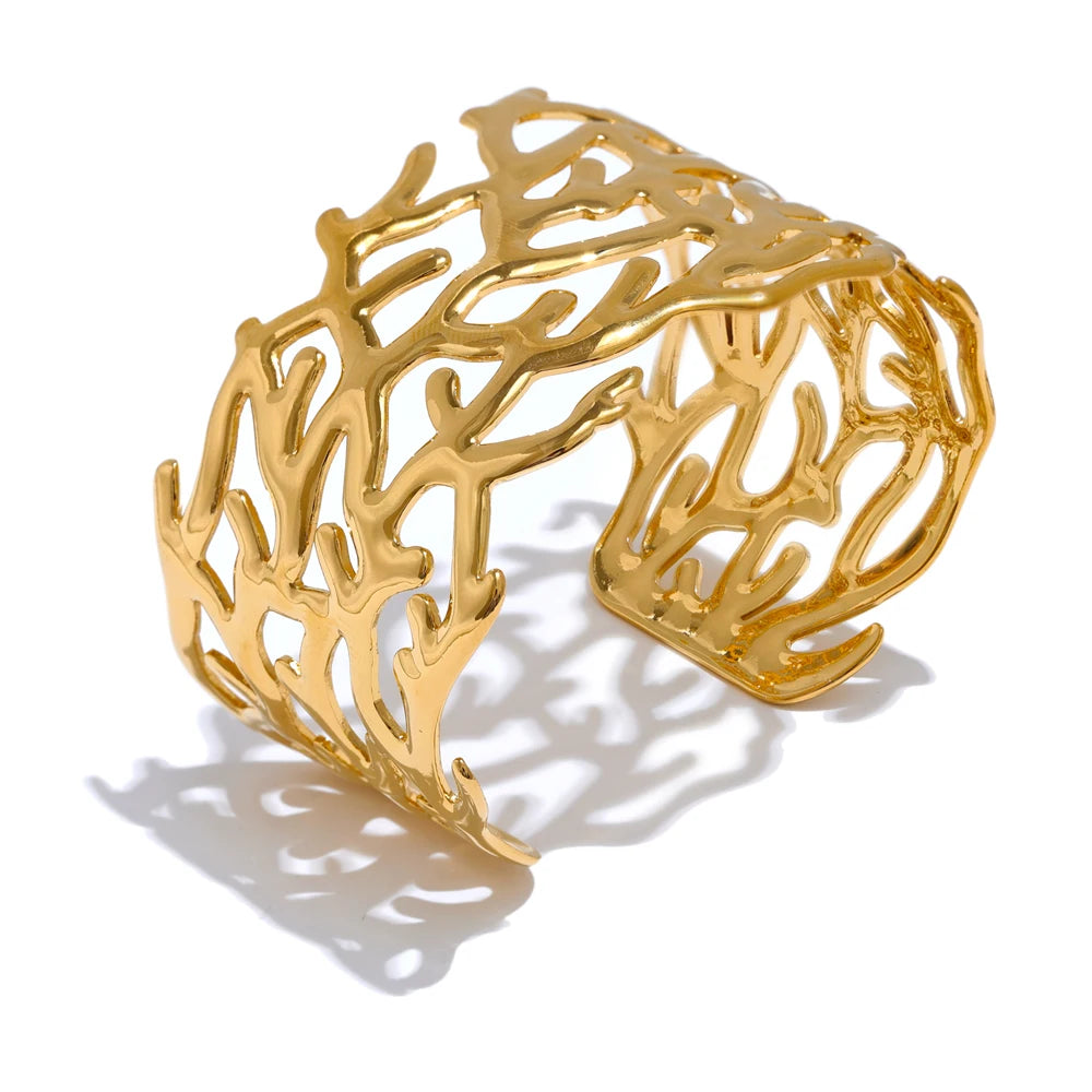 Yhpup Statement Stainless Steel Twig Geometric Hollow Wide Cuff Big Bracelet Bangle for Women - Waterproof Large Jewelry