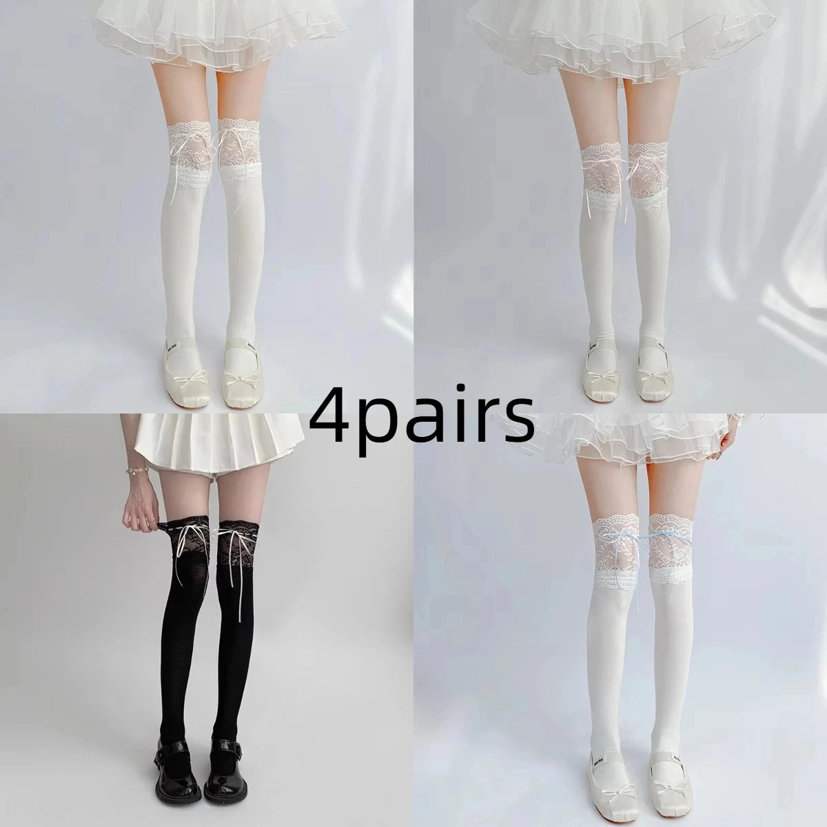Cute White Lace Tied Ribbon Velvet Over Knee Socks for Women