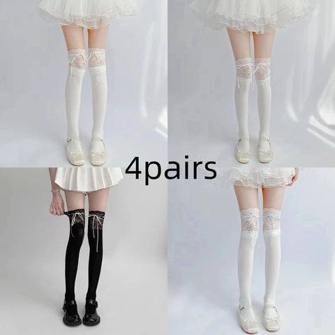 Cute White Lace Tied Ribbon Velvet Over Knee Socks for Women