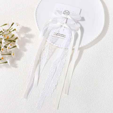 2Pcs Korean Lace White Bow Ribbon Hair Clip - Delicate Bowknot Hairpins for Women