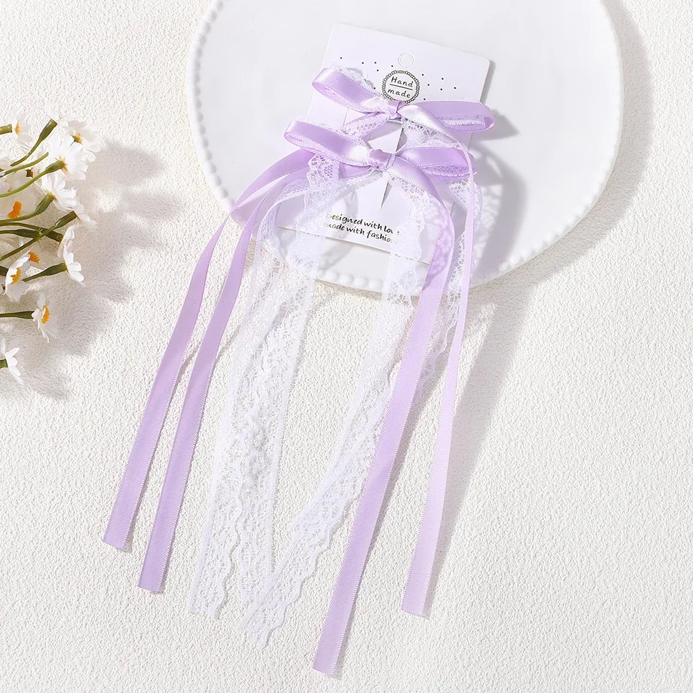 2Pcs Korean Lace White Bow Ribbon Hair Clip - Delicate Bowknot Hairpins for Women