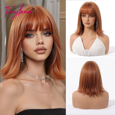 Light Brown Blonde Synthetic Wigs with Bangs - Short Bob for Daily Use, Cosplay, and Halloween | Heat Resistant