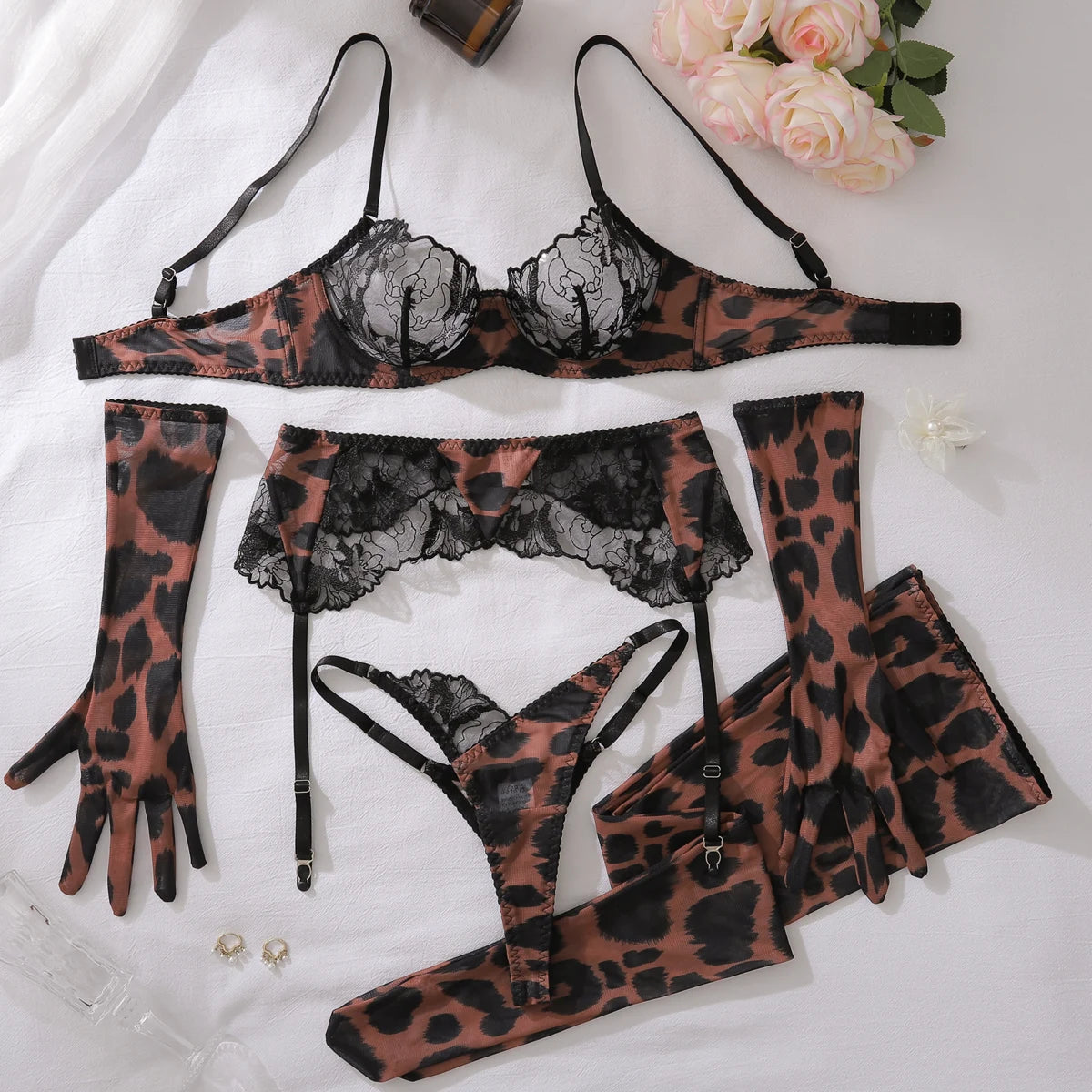 Ultra Sexy Leopard Costume for Women - Lace Patchwork Lingerie with Gloves and Stockings
