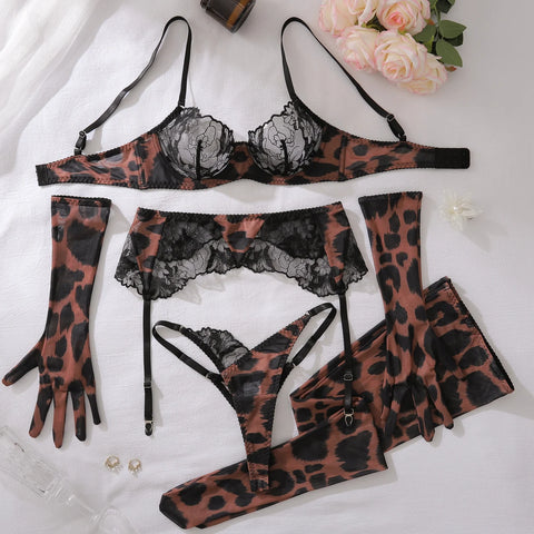 Ultra Sexy Leopard Costume for Women - Lace Patchwork Lingerie with Gloves and Stockings