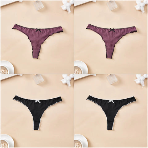 4-Piece Women's Cotton Solid Color Thong Set - Sexy & Comfortable Low-Waist Underwear