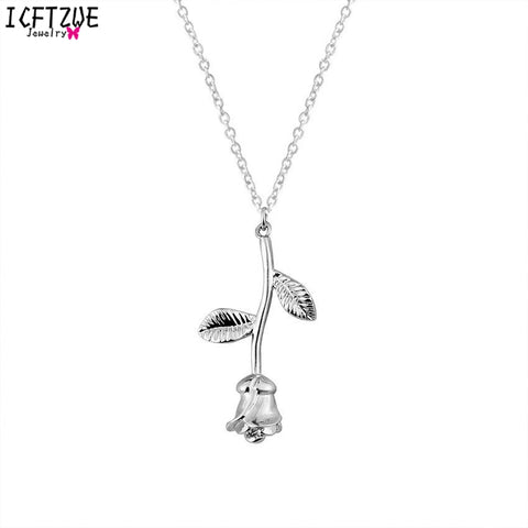 Rose Flower Pendant Necklace - Stainless Steel Long Chain Collier - Pink Rose Statement Necklace for Women - Perfect Valentine Gift