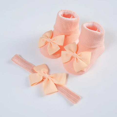 Knitted Cotton Baby Girl Socks with Headband