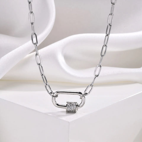 Pave Zircon Pin Pendant Necklace for Women - Adjustable Stainless Steel Paperclip Chain Wholesale Jewelry