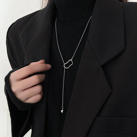 Silver Long Tassel Pearl Pendant Necklace - Adjustable Choker Jewelry for Women