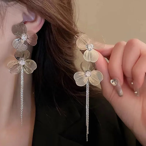 Luxury Long Tassel Petal Drop Earrings for Women - Crystal Hollow Flower Wedding Jewelry Gifts