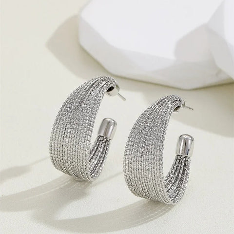 Fashion Metal Geometric Circular Hoop Earrings for Women - Punk Silver Twist C Shape Drop Earrings