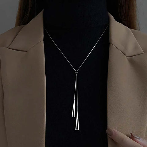 Silver Long Tassel Pearl Pendant Necklace - Adjustable Choker Jewelry for Women