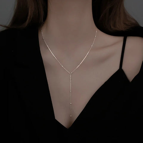 Silver Long Tassel Pearl Pendant Necklace - Adjustable Choker Jewelry for Women