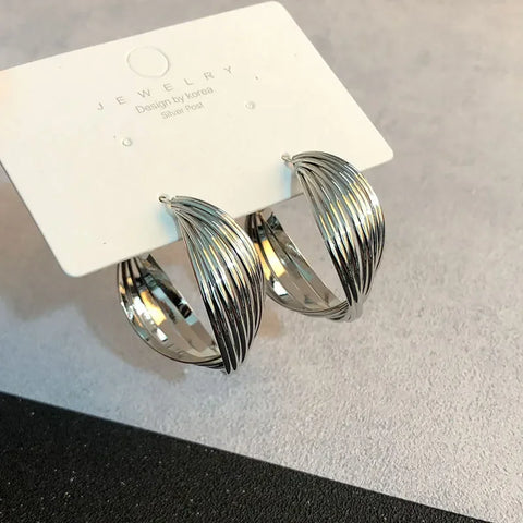 Fashion Metal Geometric Circular Hoop Earrings for Women - Punk Silver Twist C Shape Drop Earrings