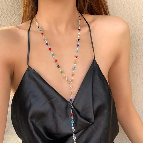 Colorful Crystal Chain Necklace for Women - Silver Long Y-shaped Clavicle Jewelry