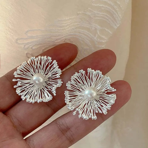Exaggerated Metal Flowers Pearl Stud Earrings – Fashion Jewelry Gifts for Women