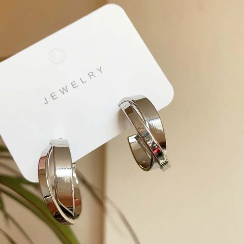 Fashion Metal Geometric Circular Hoop Earrings for Women - Punk Silver Twist C Shape Drop Earrings