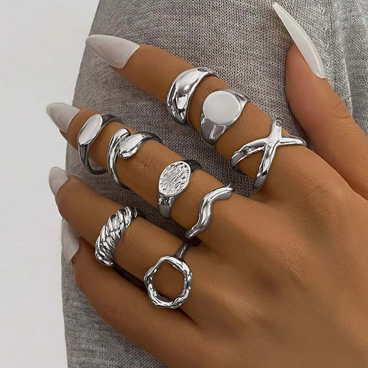 9Pcs/set Gold Color Smooth Geometric Open Rings Set for Women Men - Irregular Adjustable Jewelry Gifts