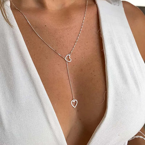 Fashion Double Love Heart Necklaces for Women - Simple Silver Color Long Tassel Jewelry Gift