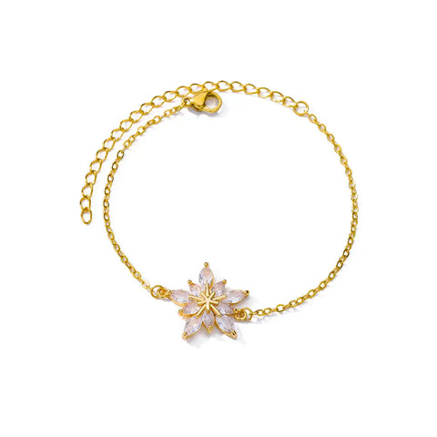 Elegant Zircon Flowers Bracelet for Women and Girls – Luxury Gold Color Stainless Steel Plant Charm Jewelry