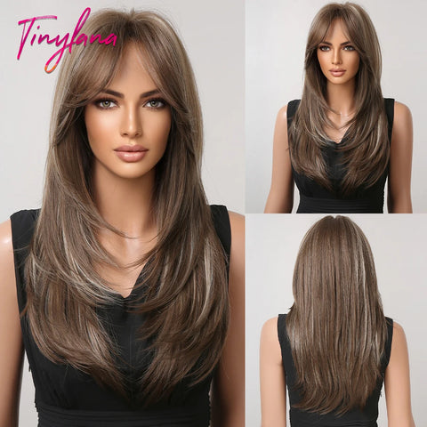 Gray Ash Blonde Pink Highlight Synthetic Hair Wigs with Bangs - Long Straight Ombre Cosplay Wig for Women